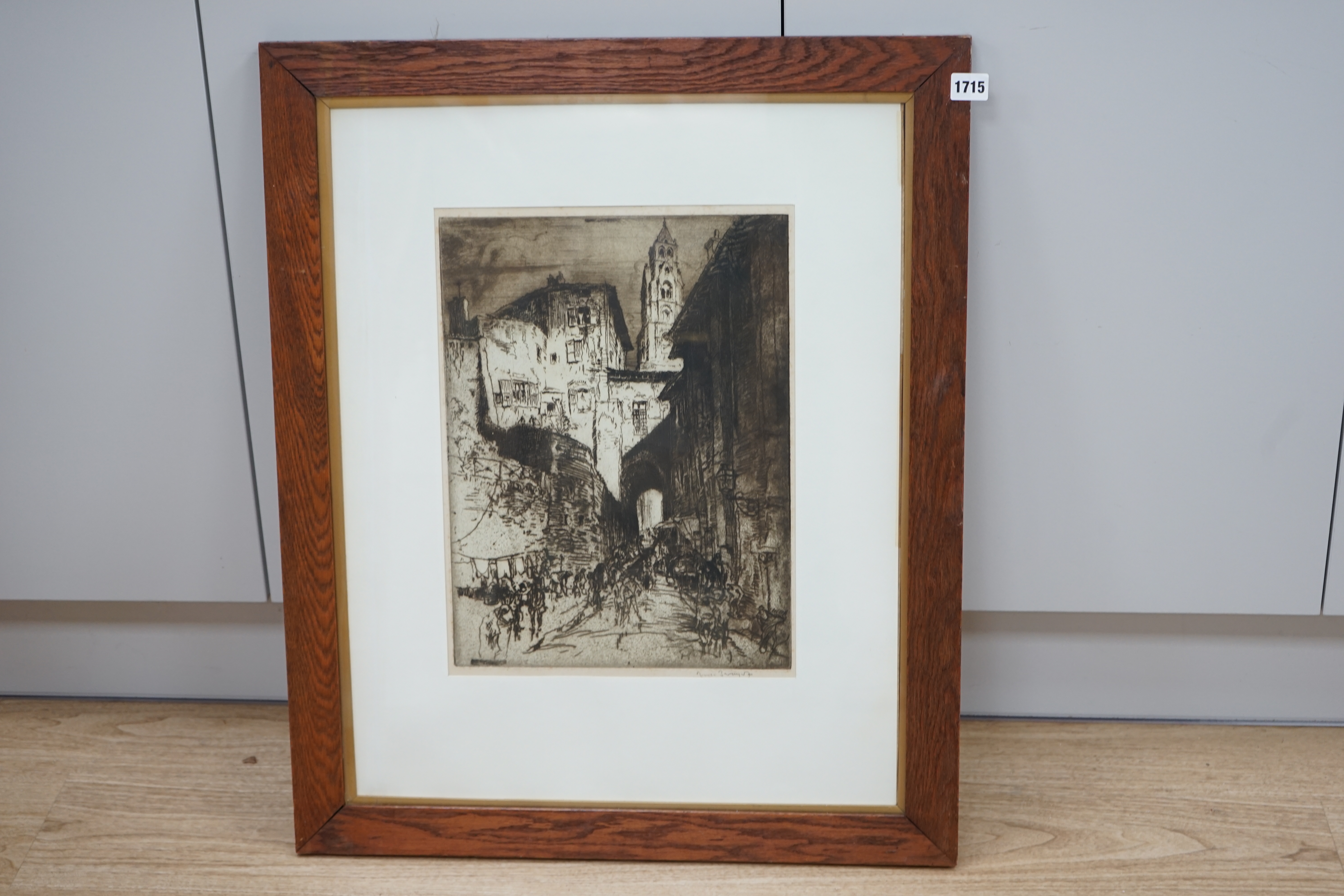 Frank Brangwyn (Welsh, 1867-1956), lithograph and etching, Street scenes with buildings, each signed in pencil, largest 42 x 31cm. Condition - poor to fair, discolouration and rippling to the paper